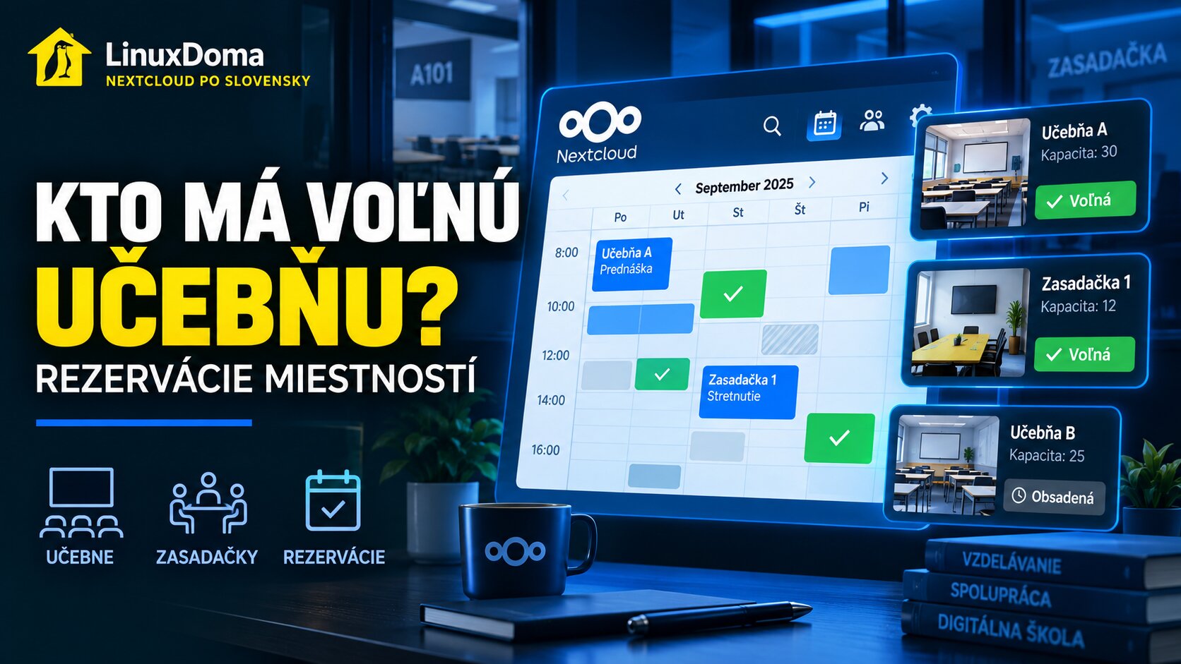 Týždenný pohľad na kalendár v Nextcloude s vyznačenými rezerváciami učební a zasadačiek