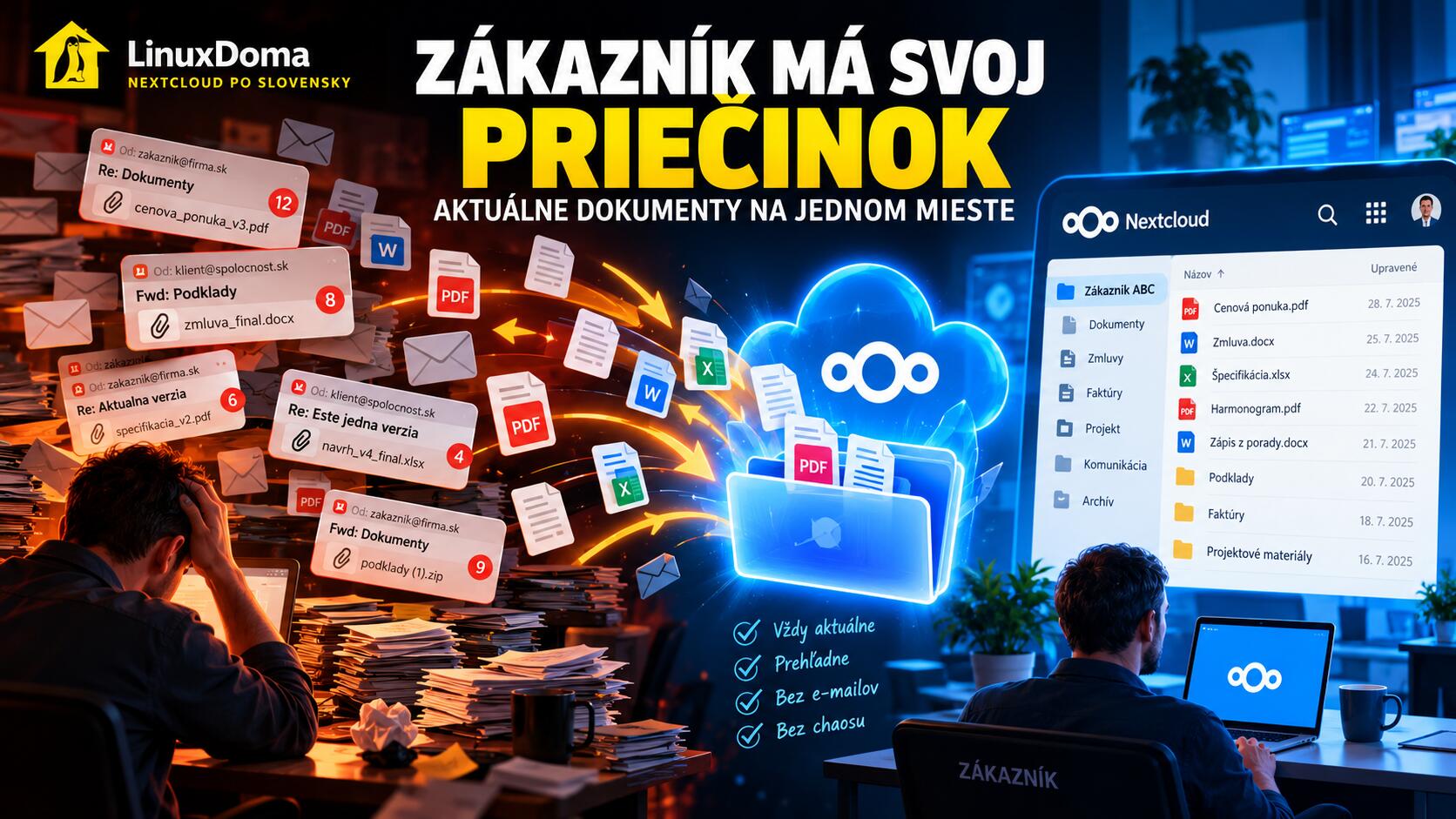 Digitálna ilustrácia zákazníka pri počítači s jedným stabilným priečinkom v Nextcloude namiesto roztrúsených e-mailových príloh