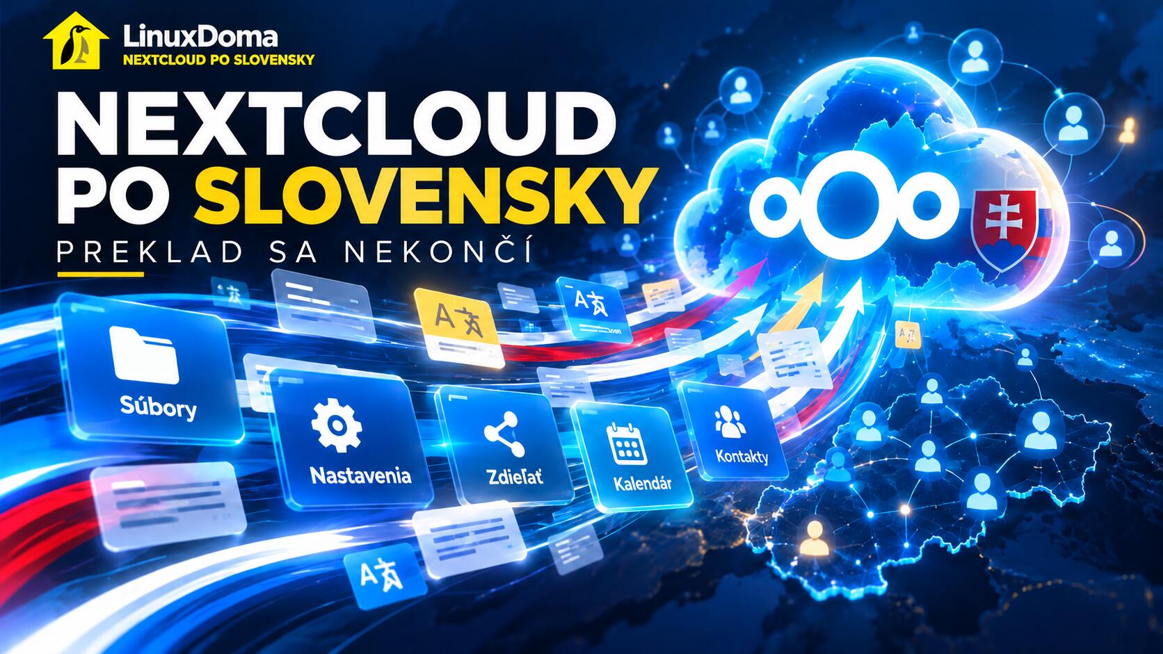 Ilustračný vizuál Nextcloudu po slovensky s prvkami prekladu, lokalizácie a slovenskej komunity