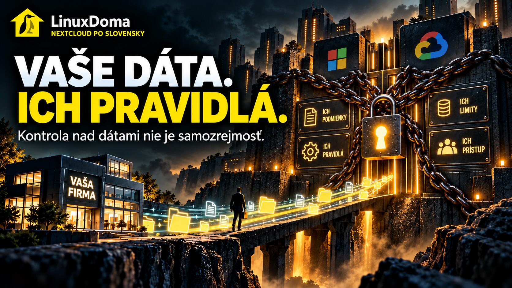 Ilustrácia chodca na ceste k firme blokovanej ťažkými reťazami s visačkami (PODMIENKY, LIMITY, PRAVIDLÁ, PRÍSTUP); v diaľke sú cloudy Microsoft a Google.