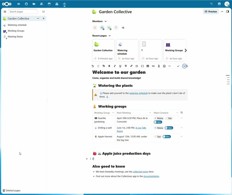 Prehľad spoločného priestoru Nextcloud Collectives so stránkami a zdieľanými znalosťami