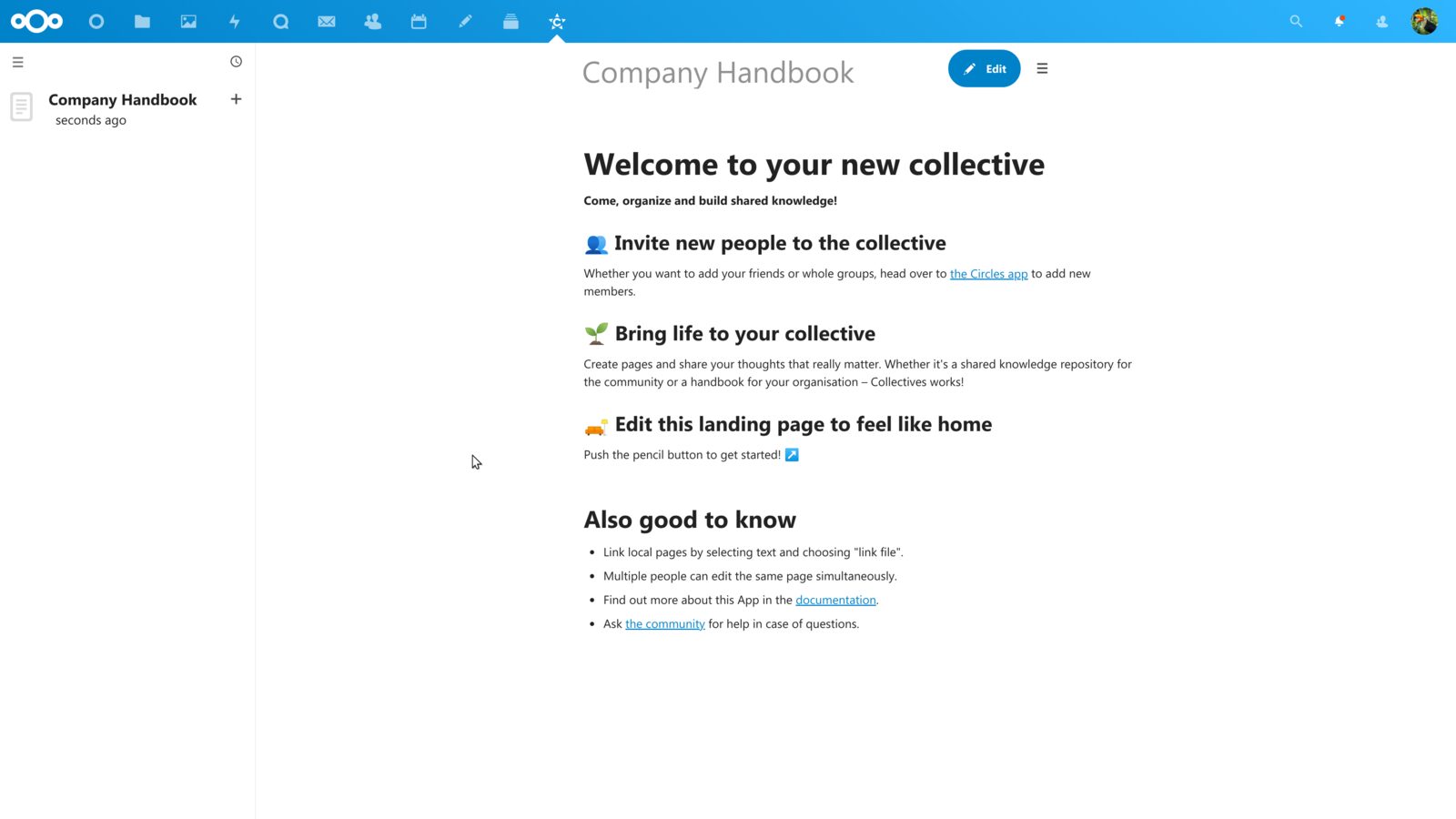 Nextcloud Collectives so štruktúrou stránok a podstránok