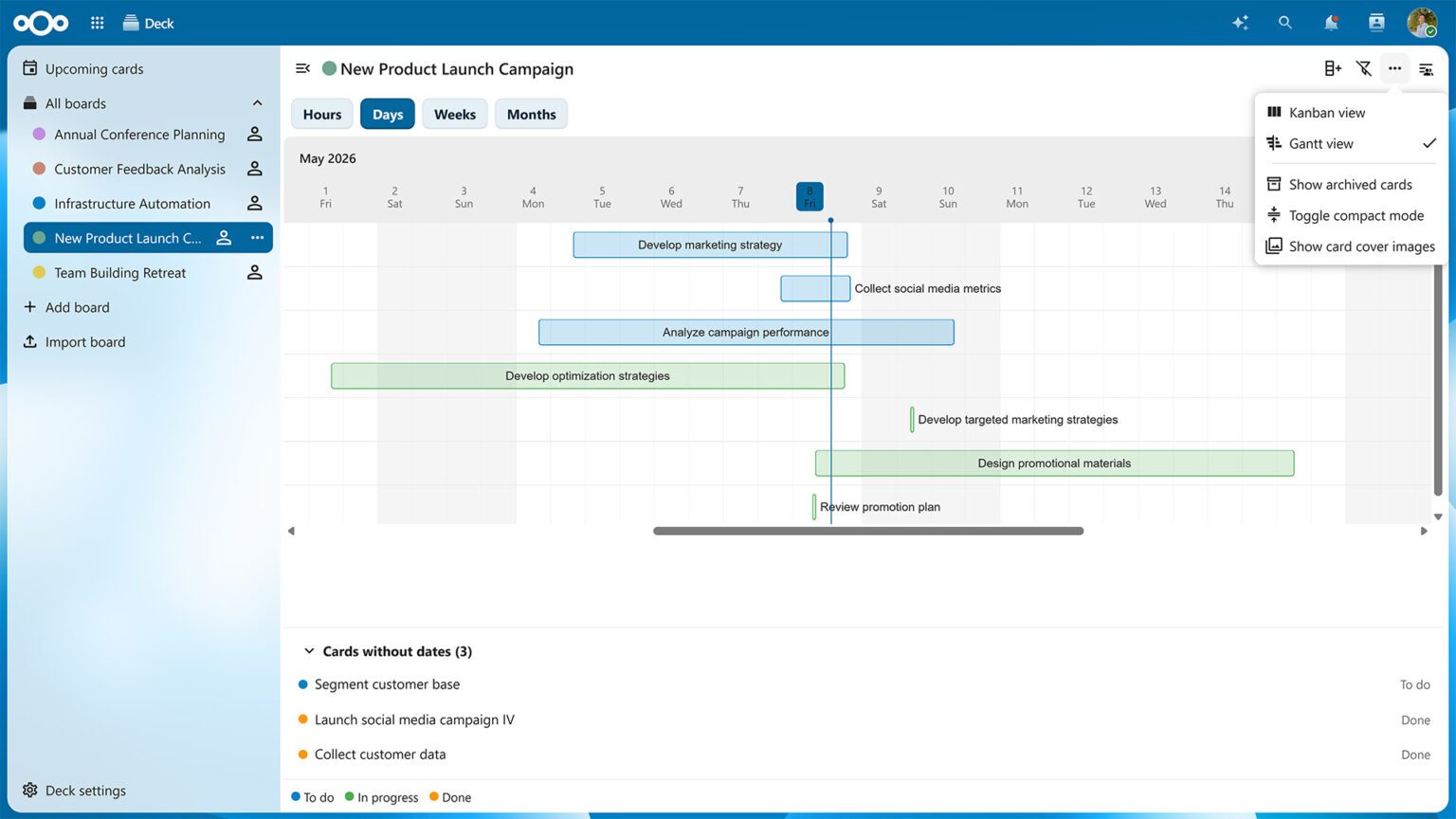 Nextcloud Deck – Gantt zobrazenie úloh, termínov a závislostí projektu