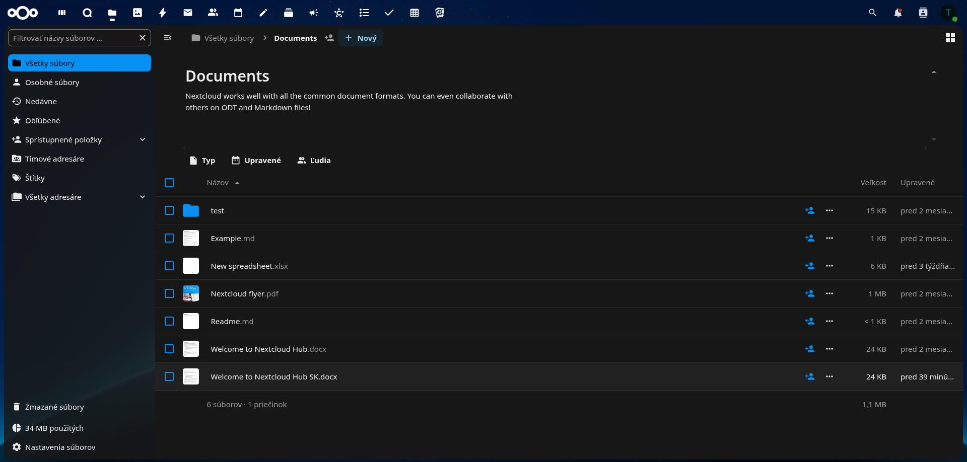 Ukážka prostredia Nextcloud Files so súbormi a priečinkami