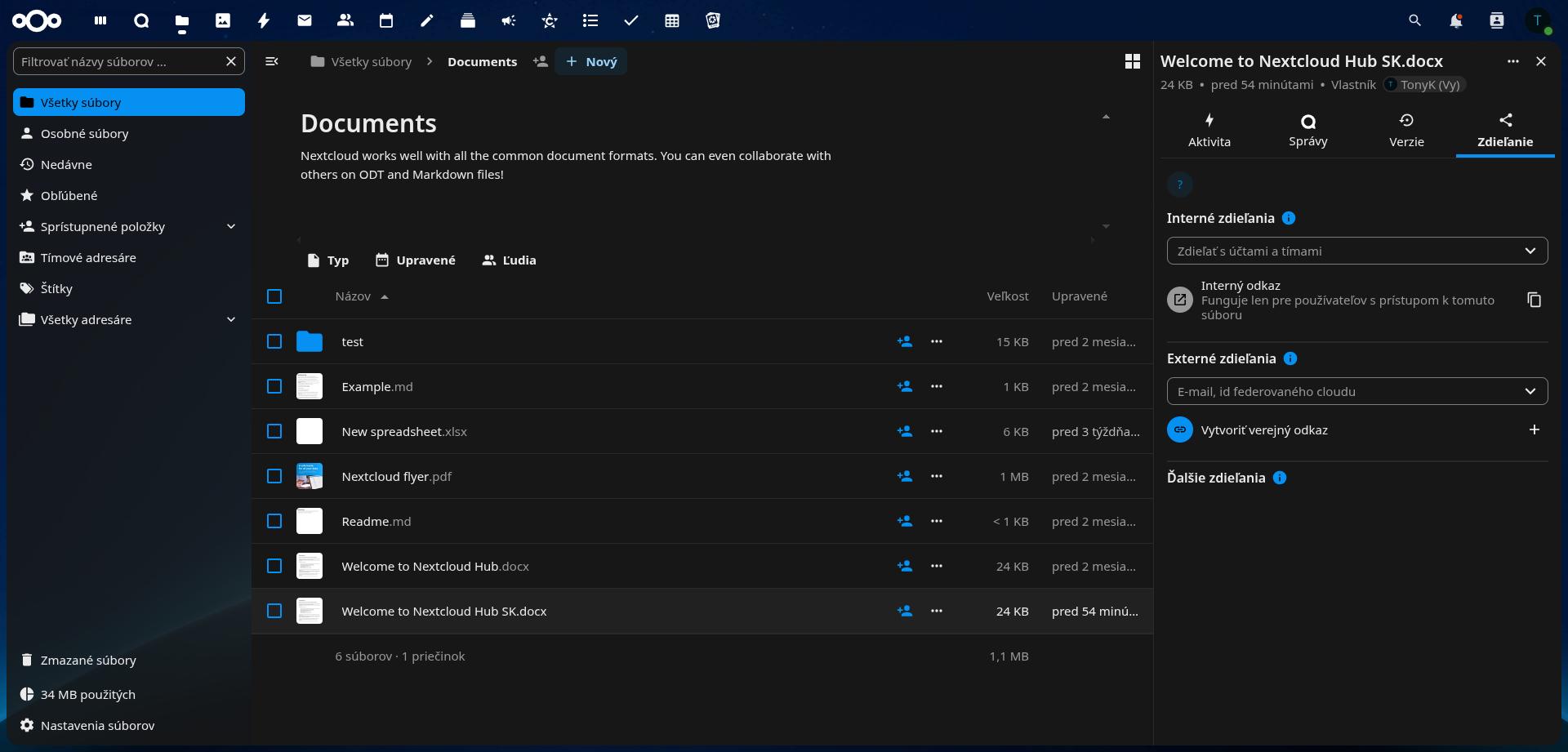 Ukážka zdieľania súborov v Nextcloud Files